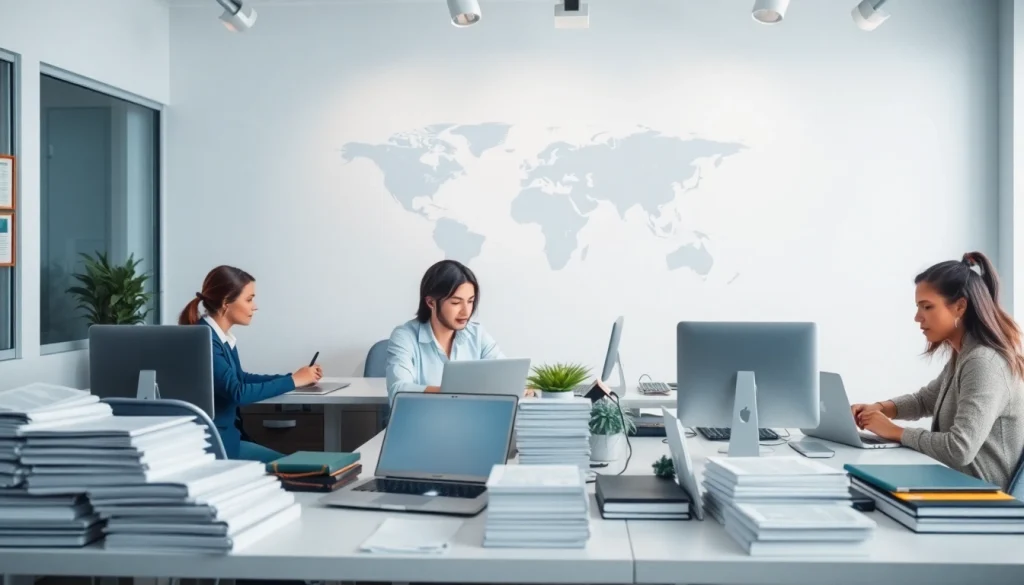 Professional setting showcasing translators engaged in tradução juramentada in a modern office environment.