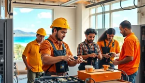 Hands-on training in electrician apprenticeship hawaii with diverse trainees in a vibrant workshop.