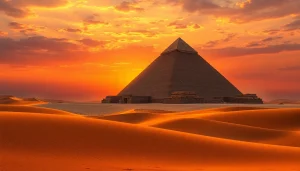 Explore the majestic piraminds of Egypt illuminated by a dramatic sunset backdrop.