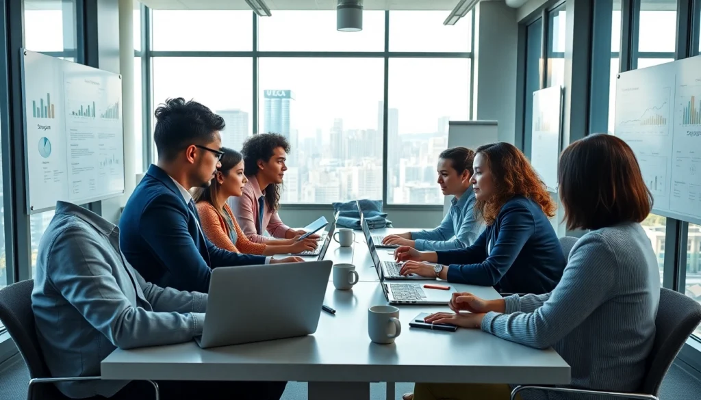 专业人士在现代办公室中使用 WPS Office 软件进行协作。