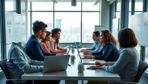 专业人士在现代办公室中使用 WPS Office 软件进行协作。