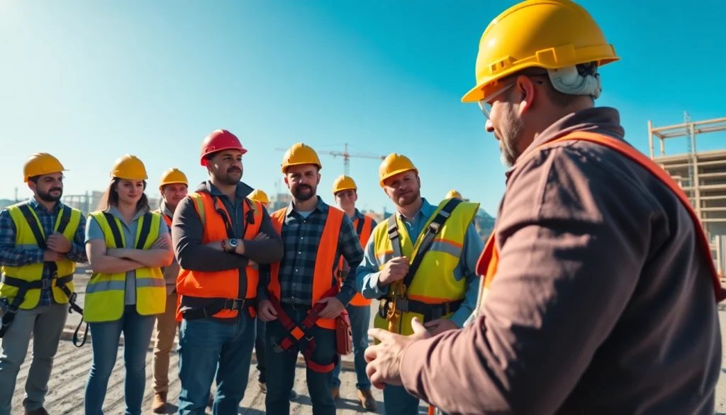 Construction safety training session with diverse workers practicing safety on-site.