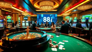 Engaged gamblers strategizing around a roulette wheel in an 88i casino setting.