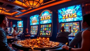 Adegan yang mendebarkan menampilkan para pemain yang menikmati permainan Zeus slot di tengah lingkungan kasino mewah.
