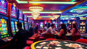 Pemain yang menang di mesin slot deposit pulsa dalam lingkungan kasino kelas atas.