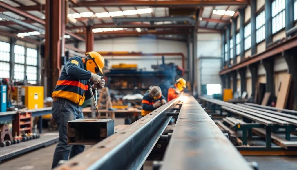 Workers meticulously operating machinery in a steel fabrication shop, showcasing precision and expertise.