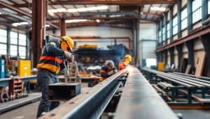 Workers meticulously operating machinery in a steel fabrication shop, showcasing precision and expertise.