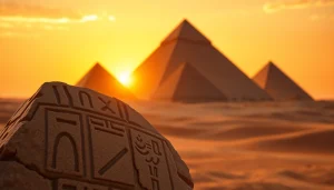 Pyraminds casting shadows over the Egyptian desert at sunset, highlighting their majestic structures.