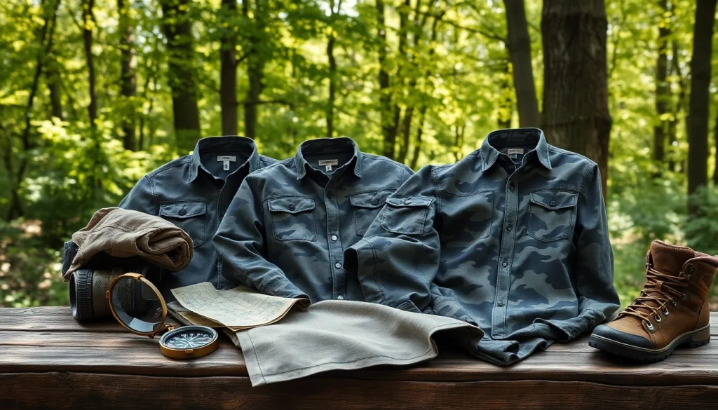 Katoen met legerprint; army print kledingstukken gestyled in een outdoor setting.