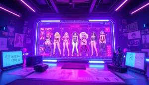 AI NSFW character generation tool interface showcasing dynamic, vibrant designs with a futuristic atmosphere.