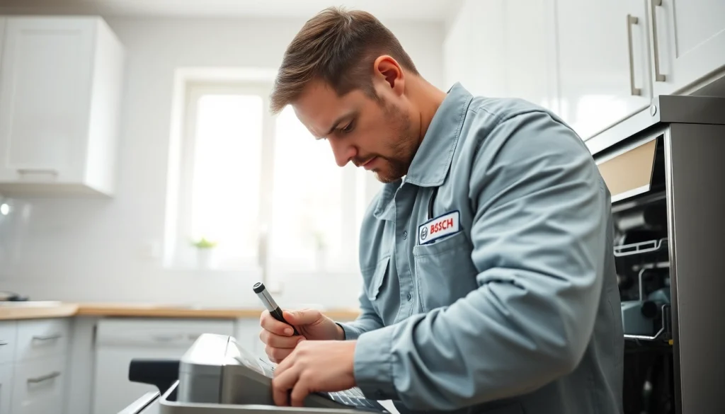 BOSCH dishwasher repair by a professional technician in a bright kitchen setting.