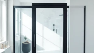 A stylish black shower door black frame enhances this elegant bathroom setting.