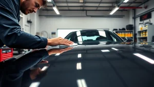 Get expert car detailing near me with a detailer polishing a vehicle in a vibrant garage.