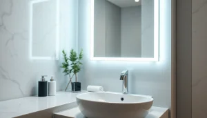 Stylish bathroom mirror with led light enhancing a modern bathroom design.