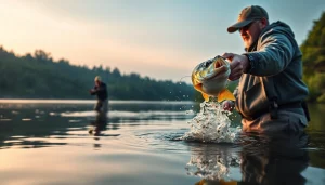 Experience the thrill of Fly fishing for bass as a fisherman casts into a serene lake at sunrise.