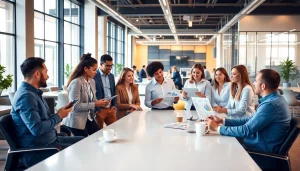 Sales talent marketplace discussion among diverse professionals in a bright office setting.