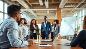 Engaging scene of a business coach Los Angeles in a corporate setting guiding diverse clients.