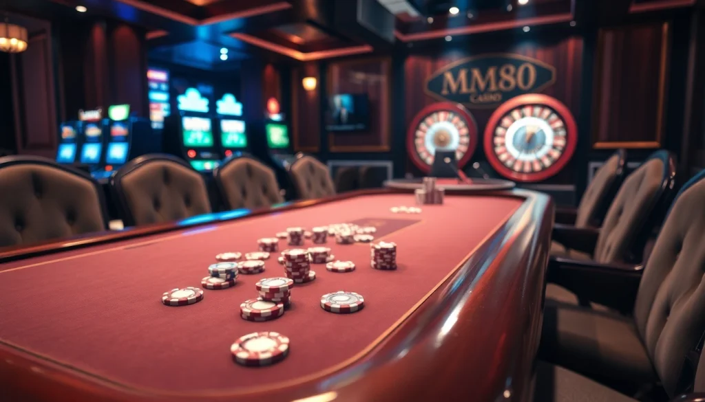 Experience luxury gaming at MM88 with a stunning casino scene featuring poker tables and slot machines.