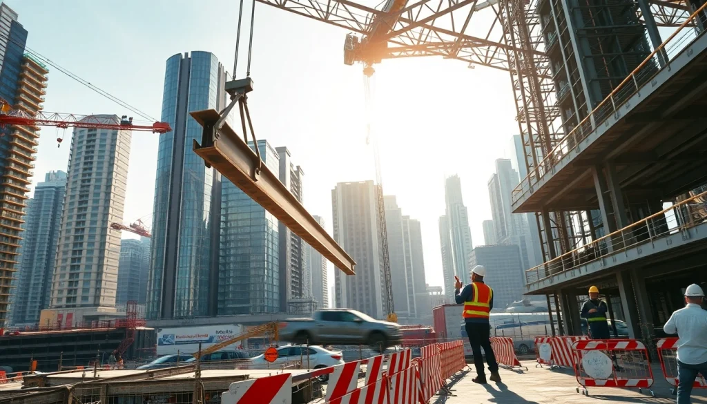 Workers overseeing structural steel construction while a crane lifts beams in an urban setting.