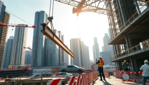 Workers overseeing structural steel construction while a crane lifts beams in an urban setting.