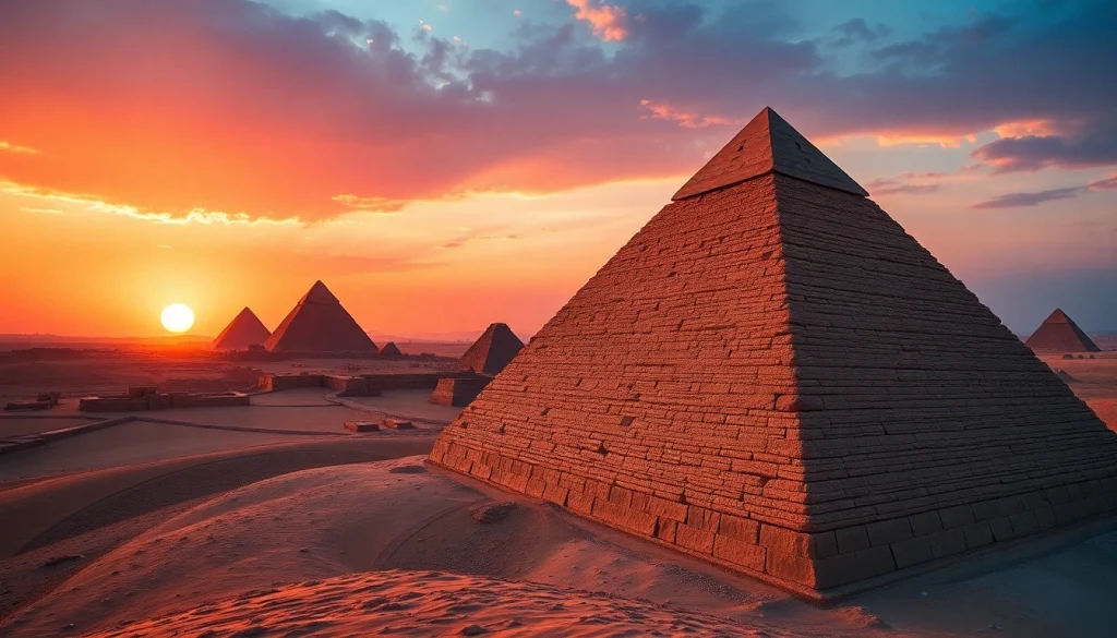 Explore the majesty of piraminds in a captivating sunset setting over the Giza plateau.