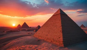 Explore the majesty of piraminds in a captivating sunset setting over the Giza plateau.