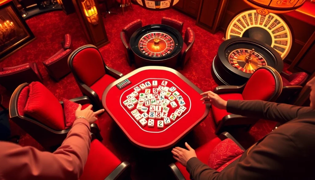 Engage in thrilling gameplay at a casino featuring link mahjong tiles on a glamorous table surrounded by eager players.
