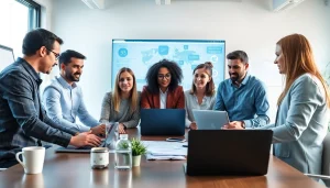 Teams engaging in AI claims processing strategy discussions in a bright, modern office.