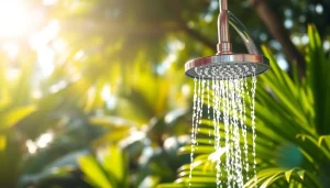 Experience sunny shower elegance in a serene outdoor environment with lush greenery.