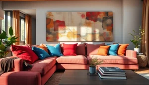 Bekijk moderne canvas stoffen op een comfortabele bank met kleurrijke kussens.