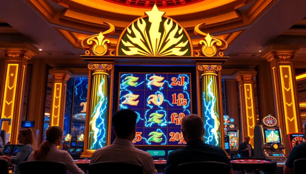 Play the zeus slot machine in an exciting casino setting filled with vibrant colors and thrilling atmosphere.