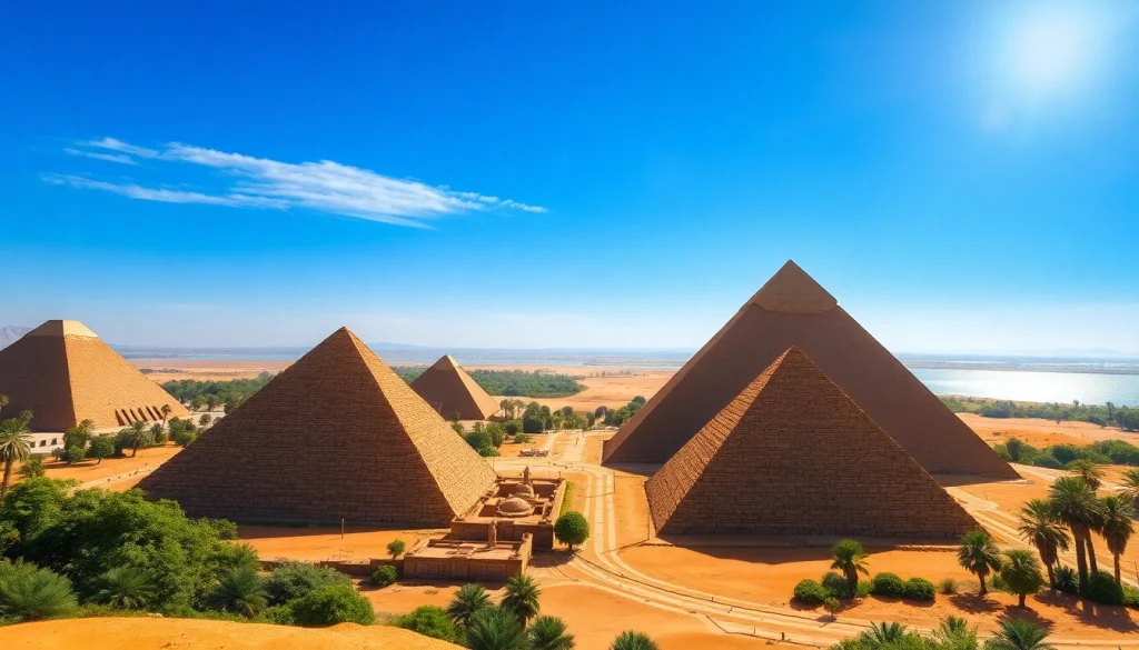 Explore the majestic piraminds of Egypt amidst a stunning desert landscape.