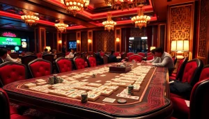 Memainkan Link Mahjong di meja kasino mewah yang dipenuhi ubin berwarna-warni dan chip poker.