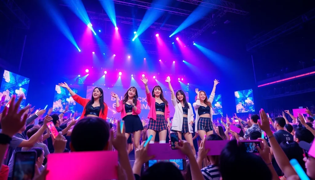 Catch the latest Blackpink news with the band performing live on stage surrounded by fans.