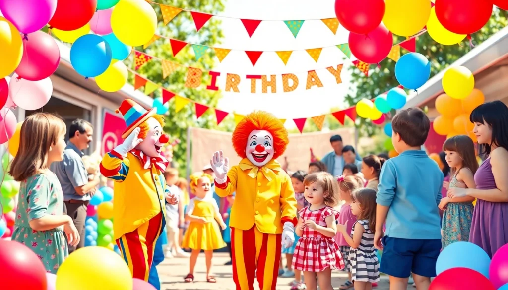 Birthday party entertainers engaging children with joy and excitement at a colorful outdoor party.