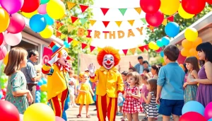 Birthday party entertainers engaging children with joy and excitement at a colorful outdoor party.