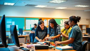 Students learning at trade schools Oahu in a vibrant and professional classroom setting.
