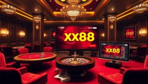 Experience the excitement of online gambling at https://xx88.today/, showcasing luxury casino elements like poker chips and roulette wheels.