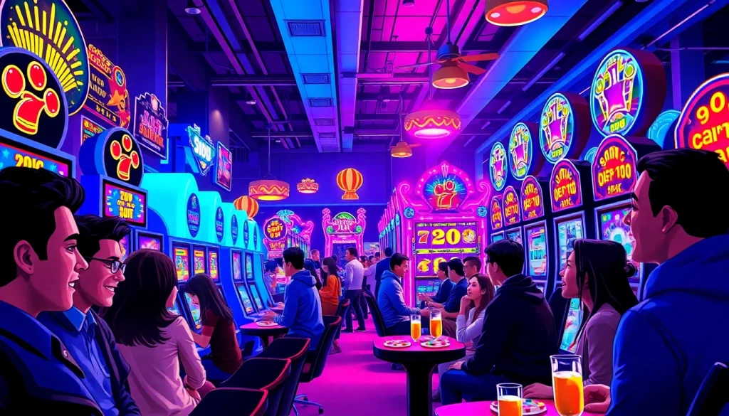 Menangkan permainan slot depo 1k dengan suasana kasino yang cerah dan ramai.