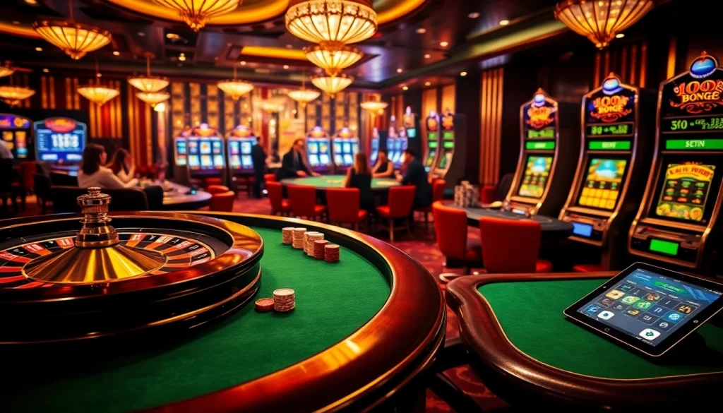 Situs deposit 5k visually represented with an elegant casino scene showcasing roulette wheels, poker tables, and high-energy gameplay.