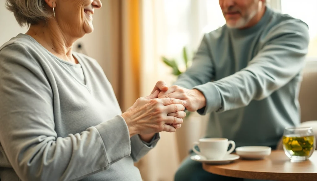 Senior care Austin TX: Caregiver holding elderly’s hand, showcasing compassion in a cozy home.