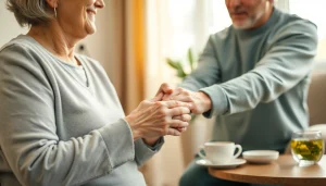Senior care Austin TX: Caregiver holding elderly’s hand, showcasing compassion in a cozy home.