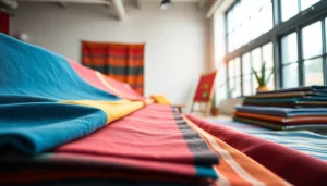 Bekijk moderne canvas stoffen in een kleurrijke studio, met diverse prints en texturen.