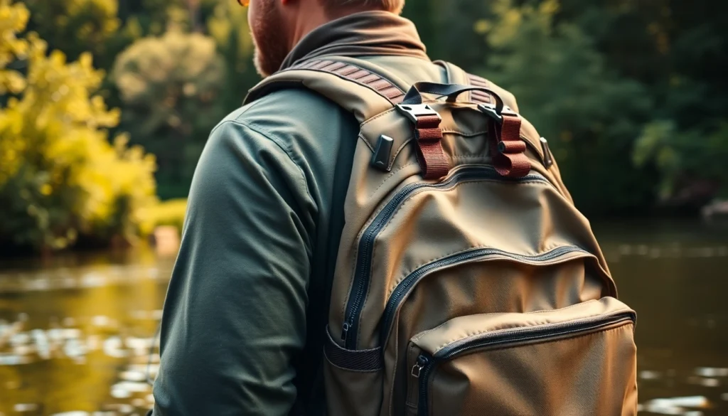 Angler with a fly fishing backpack navigating a serene river setting, enjoying the outdoors.