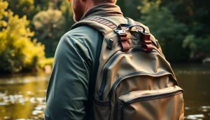 Angler with a fly fishing backpack navigating a serene river setting, enjoying the outdoors.