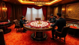Players intensely strategizing while enjoying link mahjong at a luxurious casino table surrounded by vibrant gaming elements.