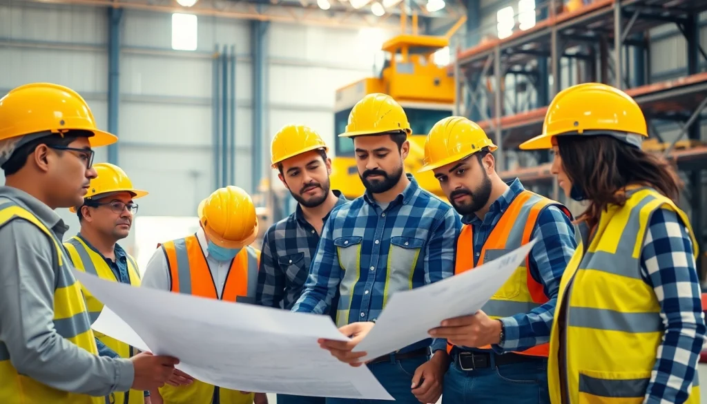 Workers discussing nccer certification plans at a construction site, highlighting teamwork.