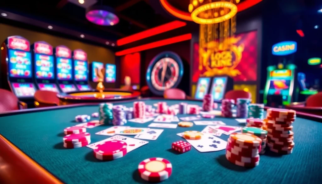 Experience luxury gambling at Haywin with colorful casino tables and vibrant gaming elements.