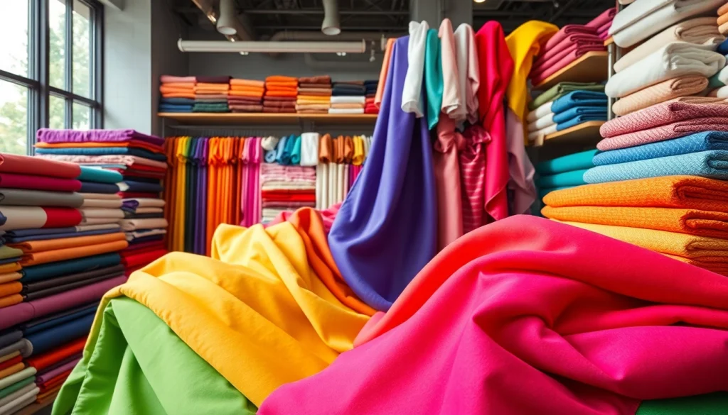 Tricot stof kopen van hoogwaardige kwaliteit met kleurrijke stoffen in een moderne winkel.