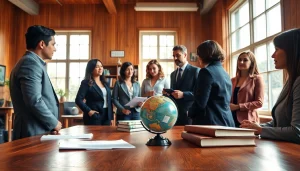 Engaged environmental lawyer consulting clients in a bright, professional office setting.